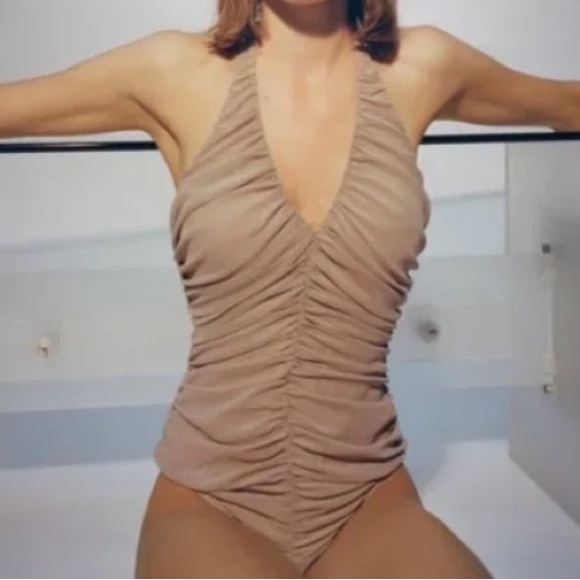 Zara Draped Tulle Runched Halter Bodysuit in Nude, Size S - Picture 1 of 12